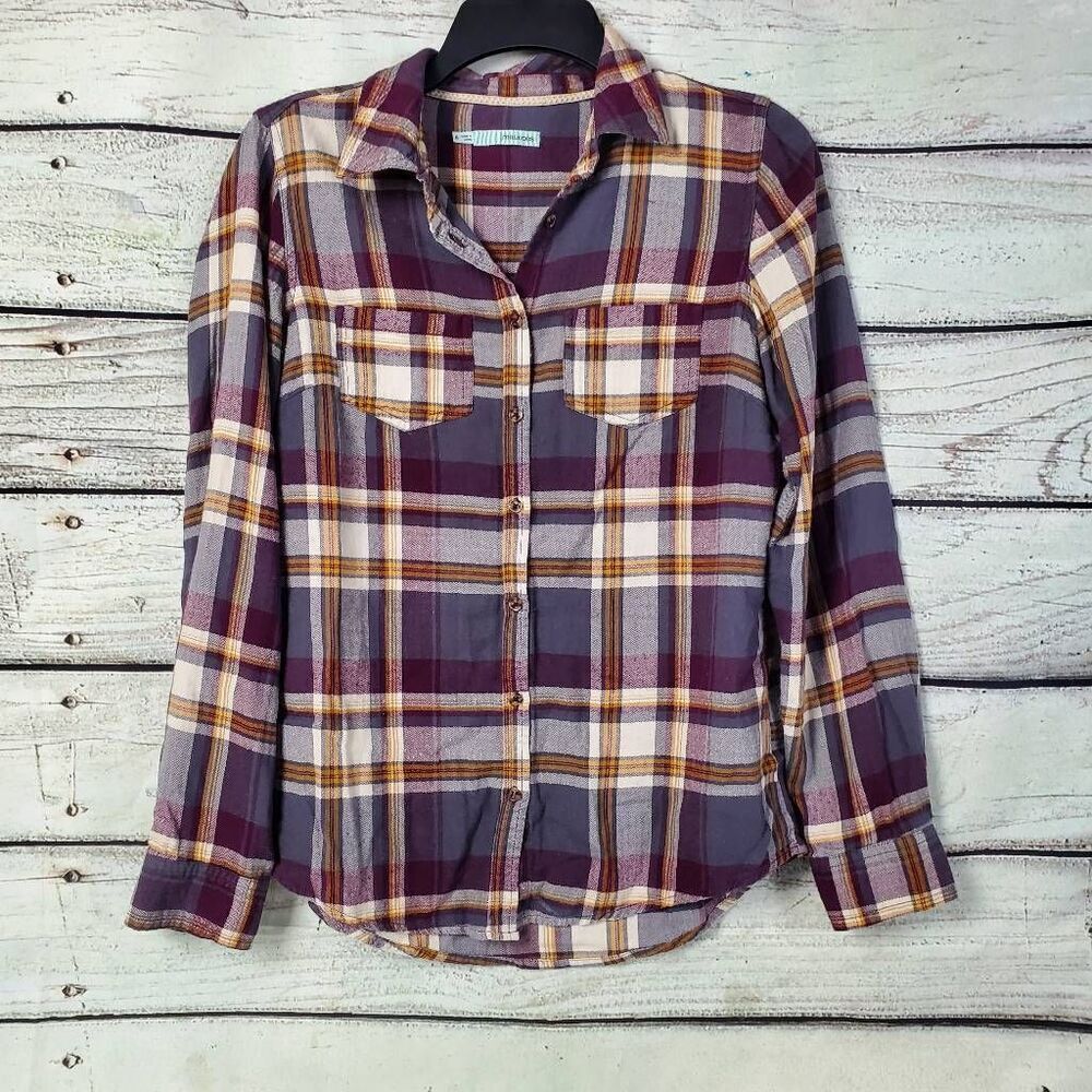 Maurices Small Plaid Button Down Shirt Purple Mustard Gray Long Sleeve Cotton Bl